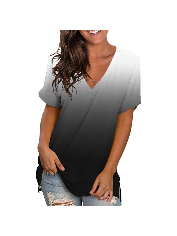 Womens Summer Tops Gradient V Neck T Shirts Short Sleeve Tshirt Casual Side Split Tunic Tops