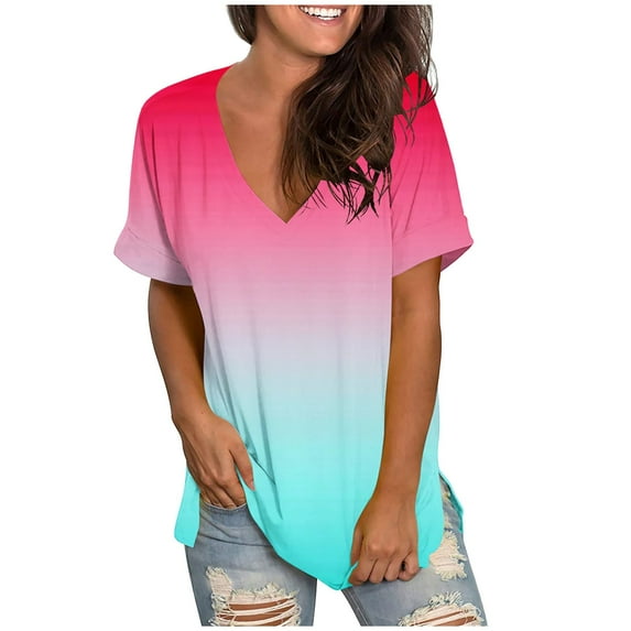 Womens Summer Tops Gradient V Neck T Shirts Short Sleeve Tshirt Casual Side Split Tunic Tops