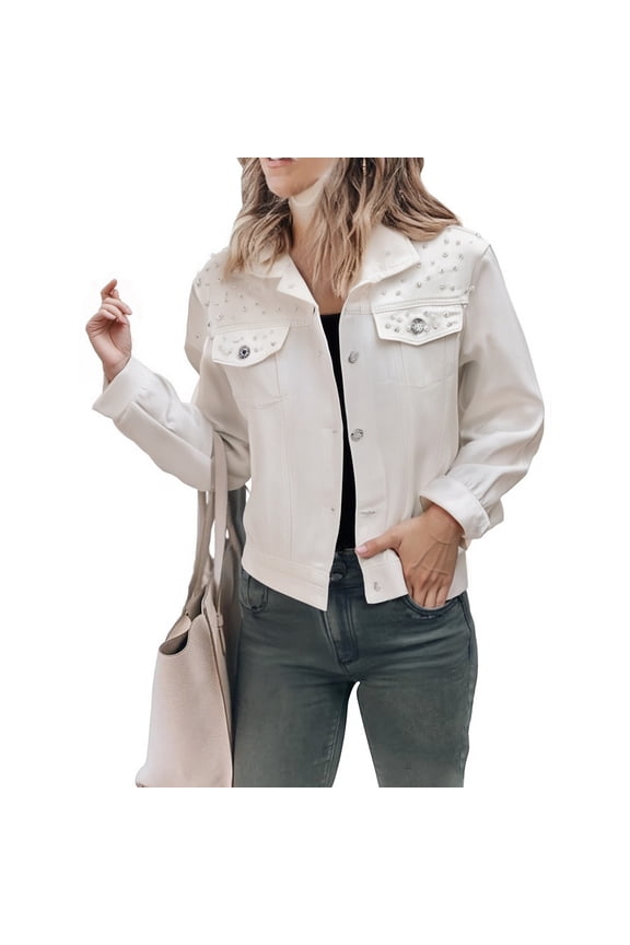 Womens Summer Tops Gsakboxl Women's Short Denim Jacket With Exquisite Beaded Embellishments Heavy Craft Casual Outerwear Fashion Classic Jean Coat for Daily Matching & Street Wear