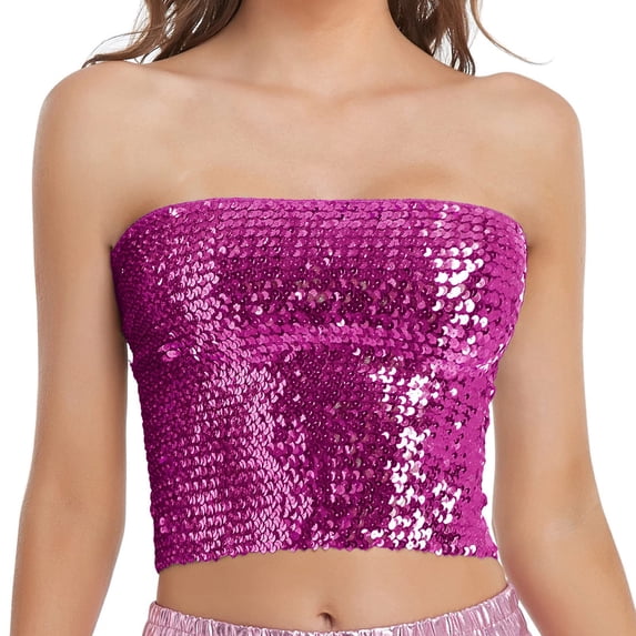 Womens Summer Tops Gsakboxl Women's Stretchy Smocked Sparkling Sequin Tube Top Fashion Mardi Gras Holiday Party Clubwear Sleeveless Tank Top Hot Pink A