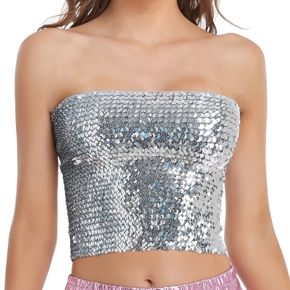 Womens Summer Tops Gsakboxl Women's Stretchy Smocked Sparkling Sequin Tube Top Fashion Mardi Gras Holiday Party Clubwear Sleeveless Tank Top Silver A