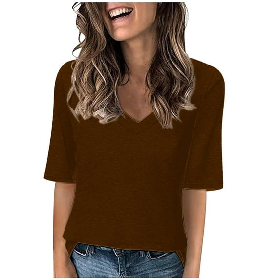 Womens Summer Tops Half Sleeve V Neck Casual Loose Solid Elbow Length Sleeve Blouses Tshirts for Women Brown XXL