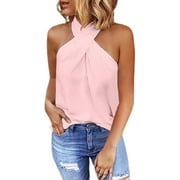 Womens Summer Tops Halter Neck Sleeveless Plain T-Shirts Blouses Casual Loose