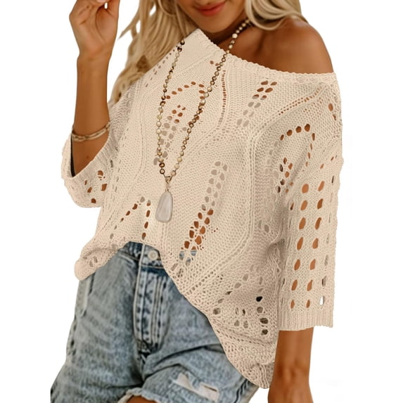 Womens Summer Tops Hollow Out Beach Crochet Cover Ups Off Shoulder 3/4 Sleeve Pullover Casual Sweater Shirts for Vacation