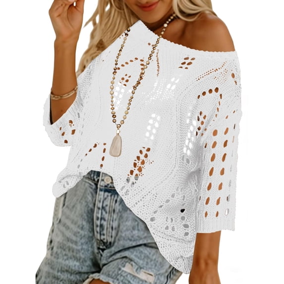 Womens Summer Tops Hollow Out Beach Crochet Cover Ups Off Shoulder 3/4 Sleeve Pullover Casual Sweater Shirts for Vacation