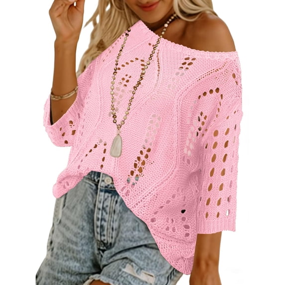 Womens Summer Tops Hollow Out Beach Crochet Cover Ups Off Shoulder 3/4 Sleeve Pullover Casual Sweater Shirts for Vacation