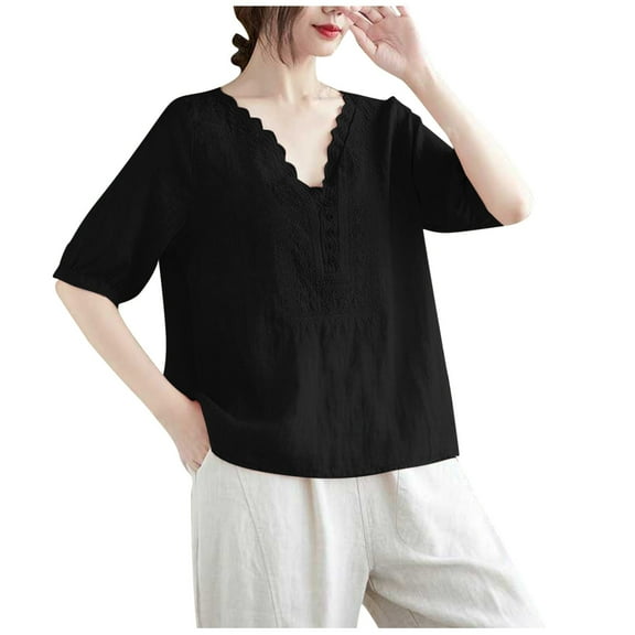 Womens Summer Tops Hollow Out Embroidered Blouse Cute V Neck Button Short Sleeve Shirts Casual Cotton Eyelet Top