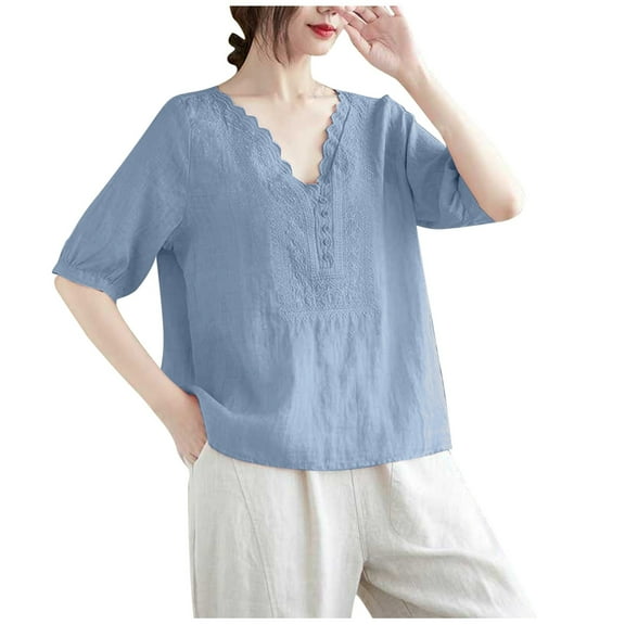 Womens Summer Tops Hollow Out Embroidered Blouse Cute V Neck Button Short Sleeve Shirts Casual Cotton Eyelet Top