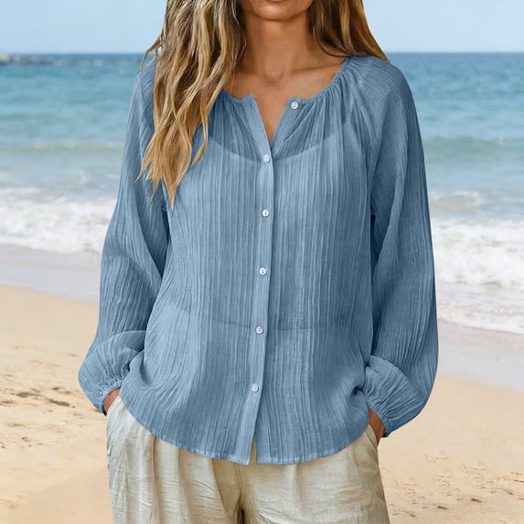 Womens Summer Tops JIANLAI Solid Color Balloon Sleeve Retro Vacation Style Cotton And Linen Shirt Women's Shirt Retro Vacation Style (S-2XL) Sky Blue