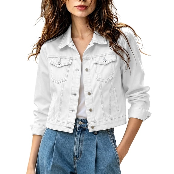 Womens Summer Tops, Jean Jacket Women Classic Fitted Lapel Button Down Cropped Denim Jacket Fashion Long Sleeve Candy Color Jean Coats White L