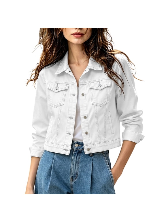 Womens Summer Tops, Jean Jacket Women Classic Fitted Lapel Button Down Cropped Denim Jacket Fashion Long Sleeve Candy Color Jean Coats White S