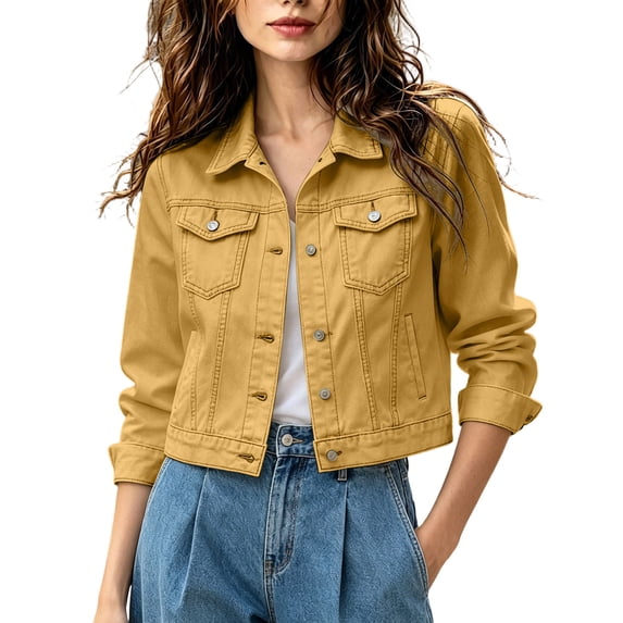 Womens Summer Tops, Jean Jacket Women Classic Fitted Lapel Button Down Cropped Denim Jacket Fashion Long Sleeve Candy Color Jean Coats Yellow S