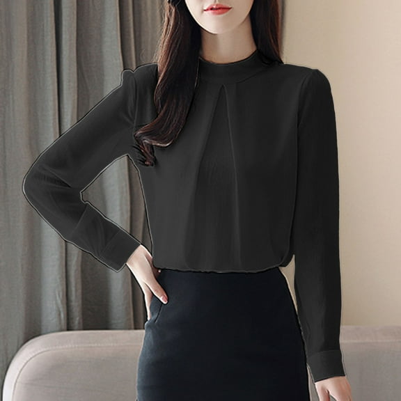 Womens Summer Tops Korean Version of Long Sleeved Loose Belly Chiffon Stand Fashion Womens Shirts Black M