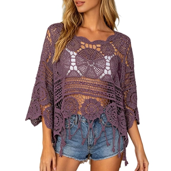 Womens Summer Tops Lace Cove Up Neck Long Sleeve Sweater Crochet Hollow Out Knit Pullover Cover Up Womens Clothing