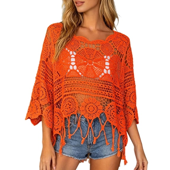 Womens Summer Tops Lace Cove Up Neck Long Sleeve Sweater Crochet Hollow Out Knit Pullover Cover Up Womens Clothing
