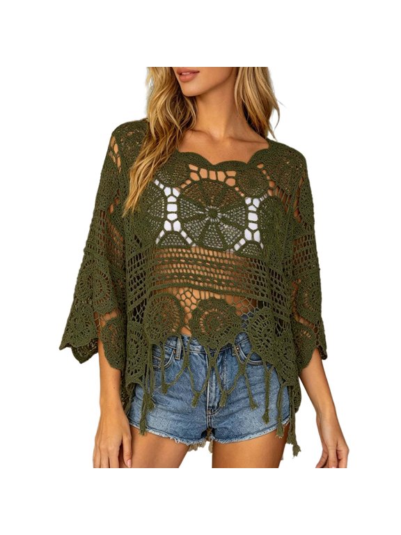 Womens Summer Tops Lace Cove Up Neck Long Sleeve Sweater Crochet Hollow Out Knit Pullover Cover Up Womens Clothing