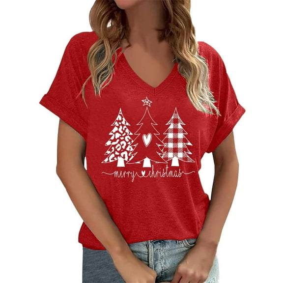 Womens Summer Tops Ladies Fashion Christmas Print Top Loose V Neck Short Sleeve Shirts for Women Red M
