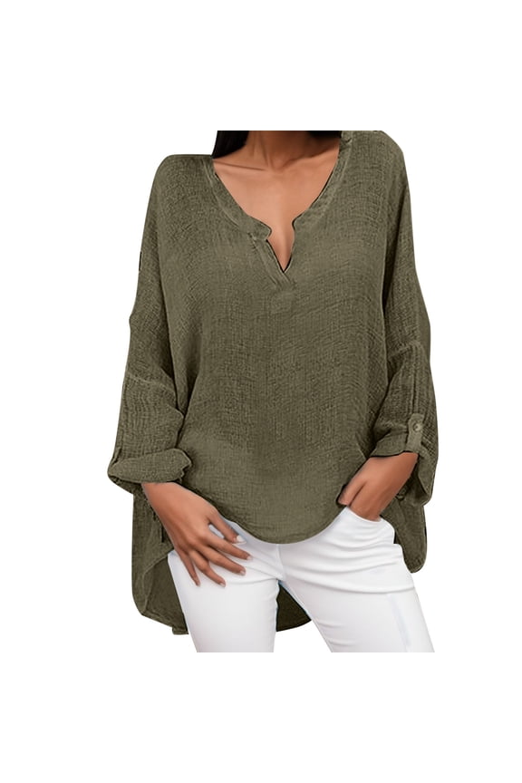 Womens Summer Tops Ladies Knit Long Sleeve Top Tops Women plus Sweat Shirts Women V Neck under Shirt Linen Blouse Workout Shirt with Sleeves Extra Long Quarter Neck Sleeve Active XXL