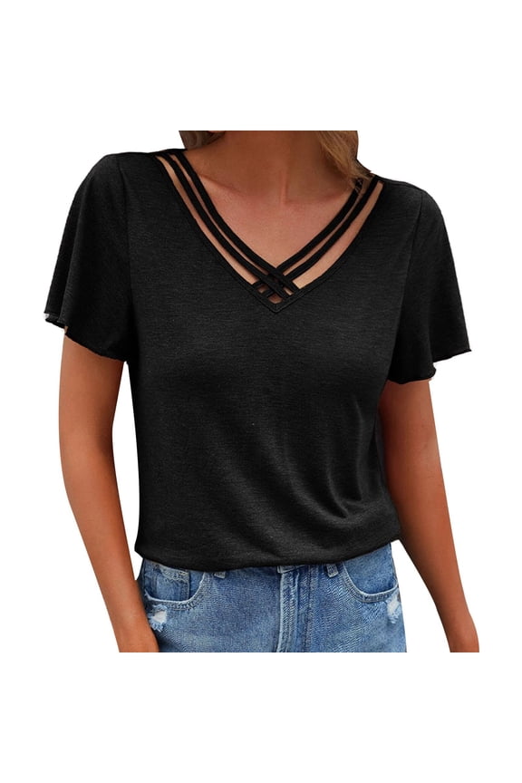 Womens Summer Tops Ladies Long Sleeve Shirts And Tops Lady Summer Girl Loose Top V Neck Tee Shirt Women And Blouses Short Sleeve Short Crop Top Woman Popular Women Women's V Neck XL