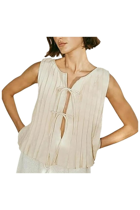 Womens Summer Tops Linen Tie Front Tank Top Ruffle Shirt Women Sleeveless Pleated Shirts Casual Vest Cute Shirts Casual Tight Tops Women Bra Straps Replacement Thin Deep V T Shirt Top Bullseye Top