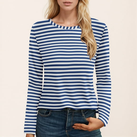 Womens Summer Tops Long Sleeve Striped Printed T-Shirt Crew Neck Cute Basic Y2K Fall Fashion Blouses 2025