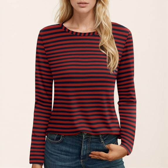 Womens Summer Tops Long Sleeve Striped Printed T-Shirt Crew Neck Cute Basic Y2K Fall Fashion Blouses 2025