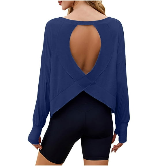 Womens Summer Tops Long Sleeve Thumb Cover Solid Color Backless Loose Round Neck Navy Blouses for Office Work Business Attire Collared Shirts S-2XL