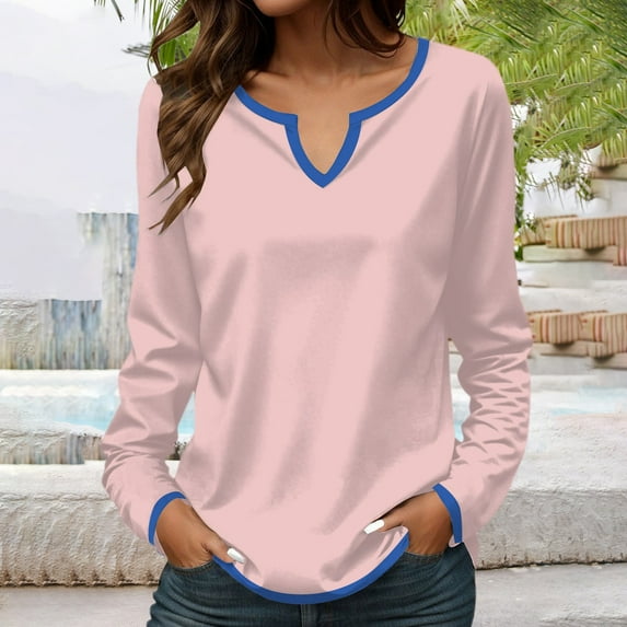 Womens Summer Tops Long Sleeved Contrast Solid Color V Neck Shirt Shirts for Women