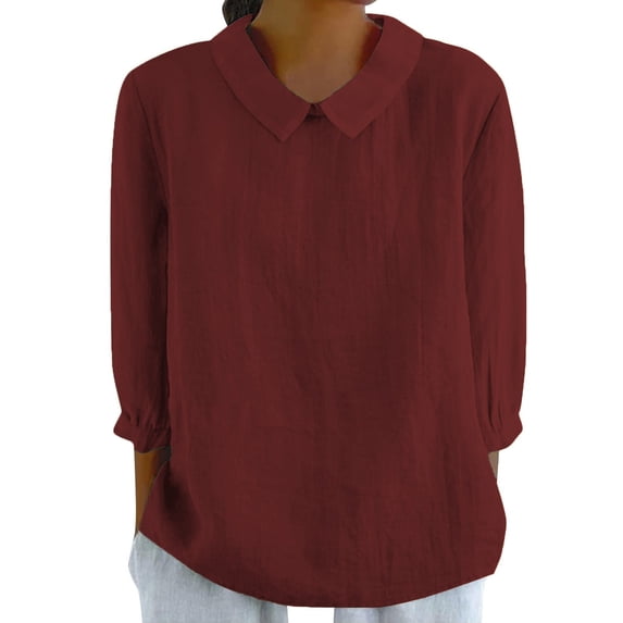 Womens Summer Tops, Loose Blouses Casual Solid Round Neck Long Sleeve Button Down Linen Shirt Lightweight Tops Date Night For Women Active Tops Business Casual Tank Tops (XXL, Wine) ZMTing