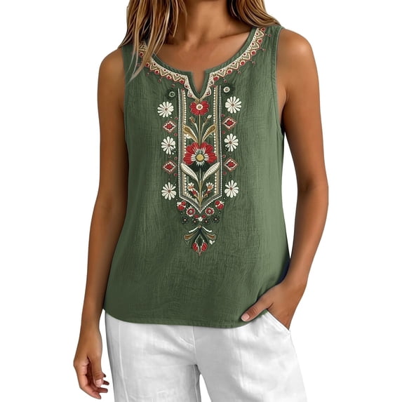 Womens Summer Tops Loose Embroidered Sleeveless V Neck Cotton Linen Tank Tops for Women Black M