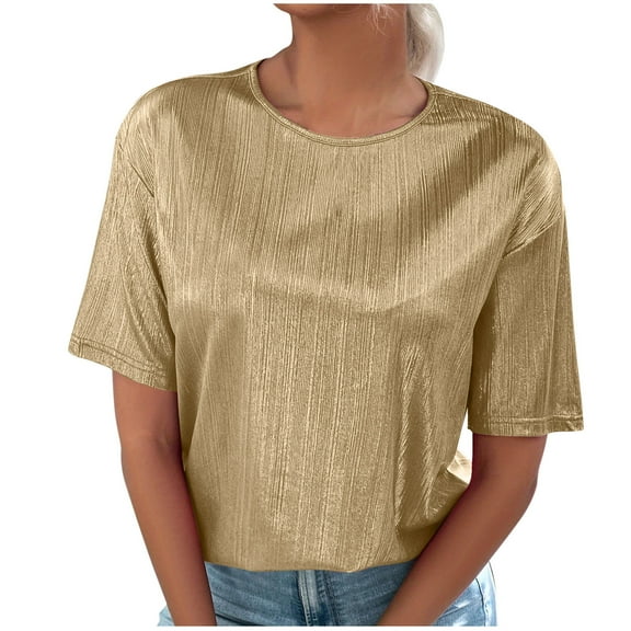 Womens Summer Tops Loose Fit Metallic Round Neck Short Sleeve T-Shirt Fashion Solid Color Casual Oversize Shirts (Beige M)