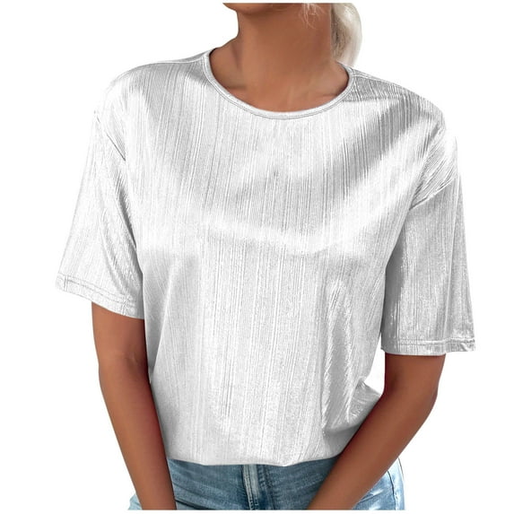 Womens Summer Tops Loose Fit Metallic Round Neck Short Sleeve T-Shirt Fashion Solid Color Casual Oversize Shirts (White S)