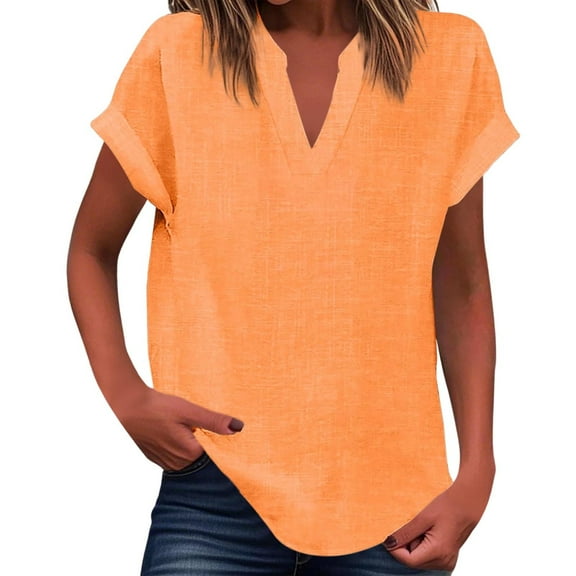Womens Summer Tops Loose Fit Pleated V Neck Sleeveless Curved Hem Flowy Plus Size Womens Clothing,Orange,S