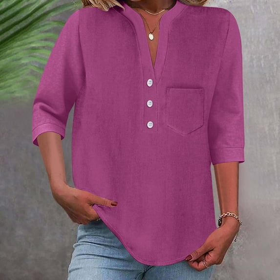 Womens Summer Tops Looses Button Female-Neck Solid Color With Pocket Workout Tops Purple Tee Shirts S-2XL