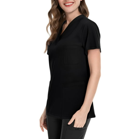Womens Summer Tops Medical Scrubs, Side Slit - Solid Color Short Sleeve Uniform for Healthcare Professionals Lightweight Breathable V-Neck Nursing Scrub Top with Multi-Pocket Black L