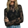 thumbnail image 1 of Womens Summer Tops Mesh Long Sleeve Crew Neck Layering Floral Embroidery Sheer See Through Black Tshirts For Women L, 1 of 5