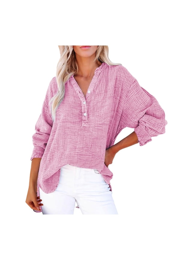 Womens Summer Tops Muslin Blouses Tunics Button Down Pleated Plain Tops Loose Womens Shirts Red XXL