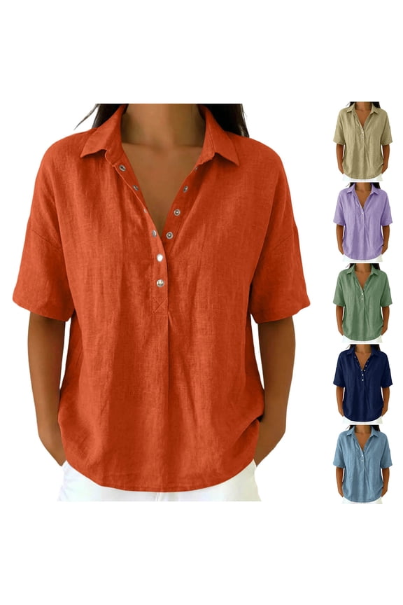 Womens Summer Tops Ndbuld Women's Fashionable Casual Linen Color Turtleneck Long-sleeved Button And Snap V-neck Top Short-sleeved V-neck Top/shirt Sky Blue S