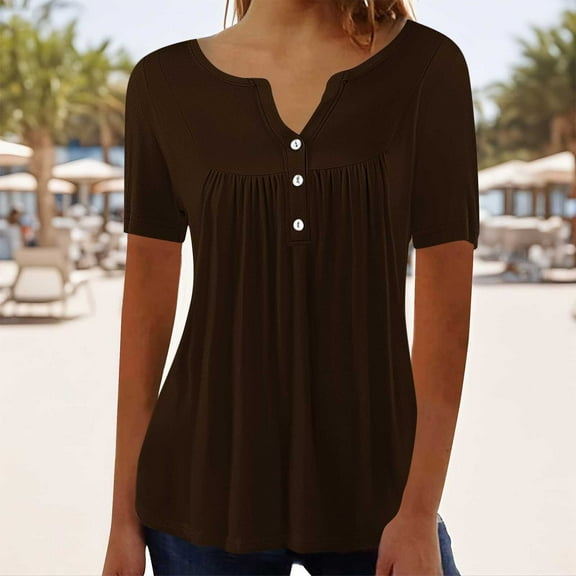 Womens Summer Tops Ndbuld Women's Tunic Summer Short Sleeve Top Loose V Neck Dressy Shirt Blouse ,Coffee,S