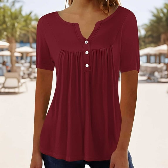 Womens Summer Tops Ndbuld Women's Tunic Summer Short Sleeve Top Loose V Neck Dressy Shirt Blouse Deal of The Week,Wine,XXL