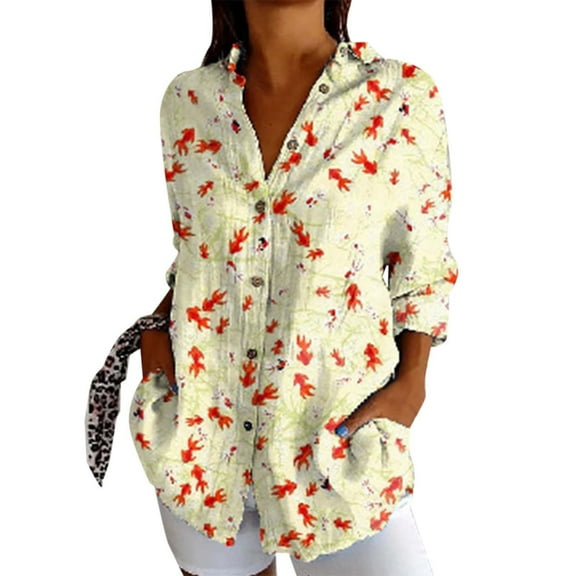 Womens Summer Tops New Fashionable Long Sleeve Printed Casual Lapel Shirt Summer Shirts for Women Yellow M