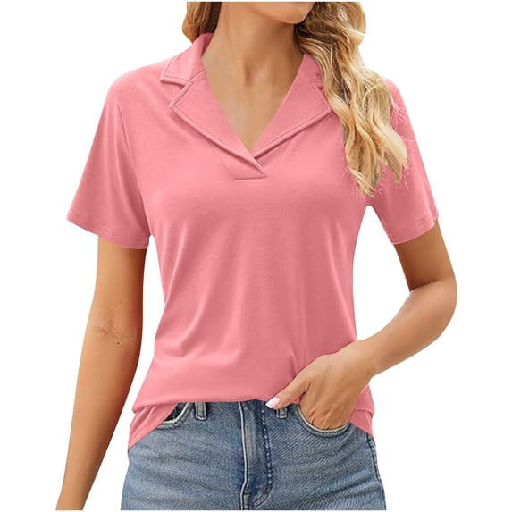 Womens Summer Tops Notched Lapel V Neck Golf Shirt Dressy Casual Short Sleeve Cotton Soft Tees Tshirts (M, Pink)