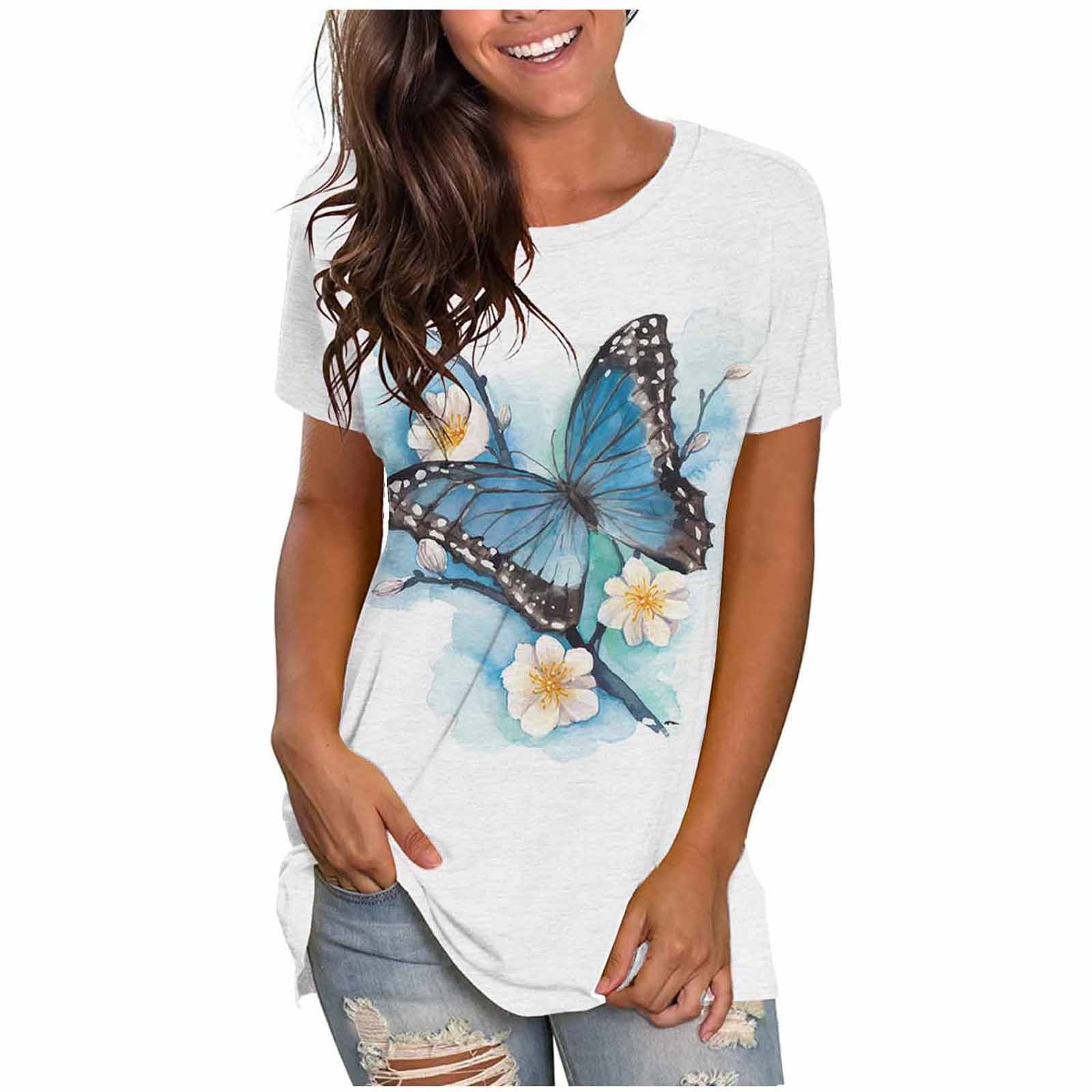 Womens Summer Tops O-Neck Butterfly Printed Short Sleeve Tshirt Tops ...