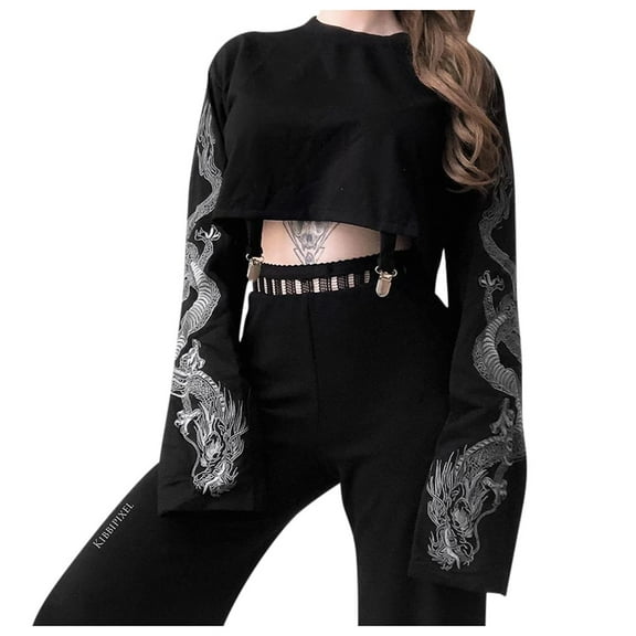 Womens Summer Tops O-Neck Sweatshirt Full Punkt Long Sleeve Loose Causal Gothic Print Blouse Black Womens Shirts L