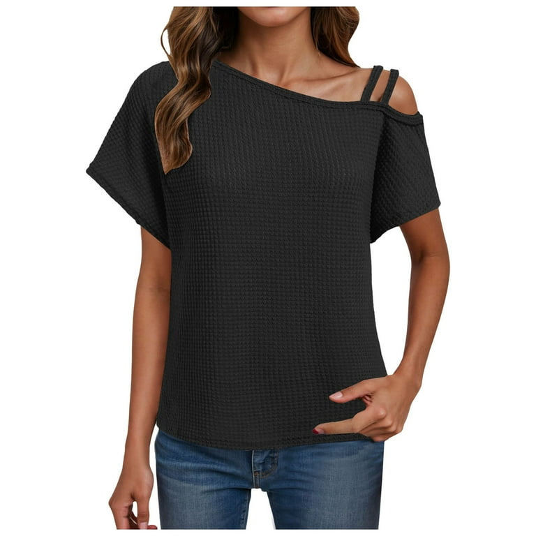 Womens Summer Tops Off One Shoulder Waffle Knit Short Sleeve T