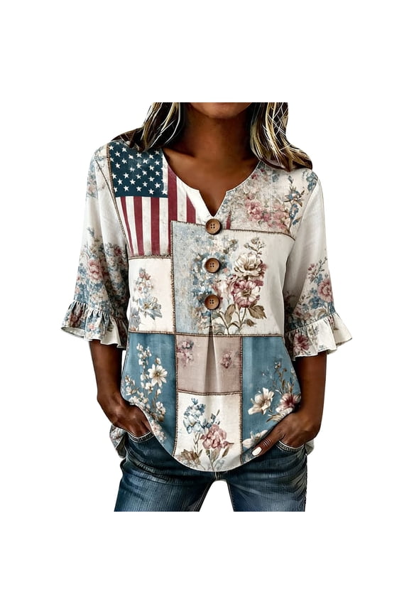 Womens Summer Tops Patriotic Notch V Peplum Flag Star 3/4 Sleeve Blouse 250th Anniversary Usa Shirts for Women Blue M