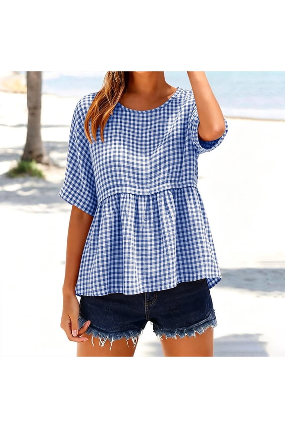 Womens Summer Tops Plaid Printed Short Sleeve Tshirts for Women Crew Neck Peplum Hem Going Out Top