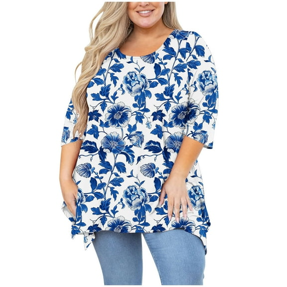 Womens Summer Tops Plus Size 3/4 Sleeve Crew Neck Flowy Lightweight Tops & Blouses Summer Casual Loose Fitness Pullover T-Shirt Gifts for Women MulticolorL
