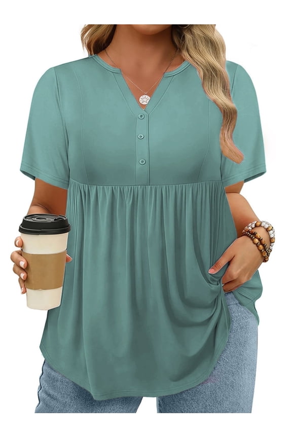 Womens Summer Tops Plus Size Casual V Neck Tunics Trendy Short Sleeve Swing Cute Henley T Shirts 3Xl Pea Green