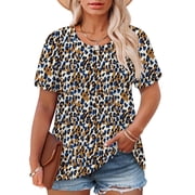 Womens Summer Tops Plus Size Fashion Leopard Print Shirts Oversized Short Sleeve Tees Chic Dressy Crew Neck Tunics 2X